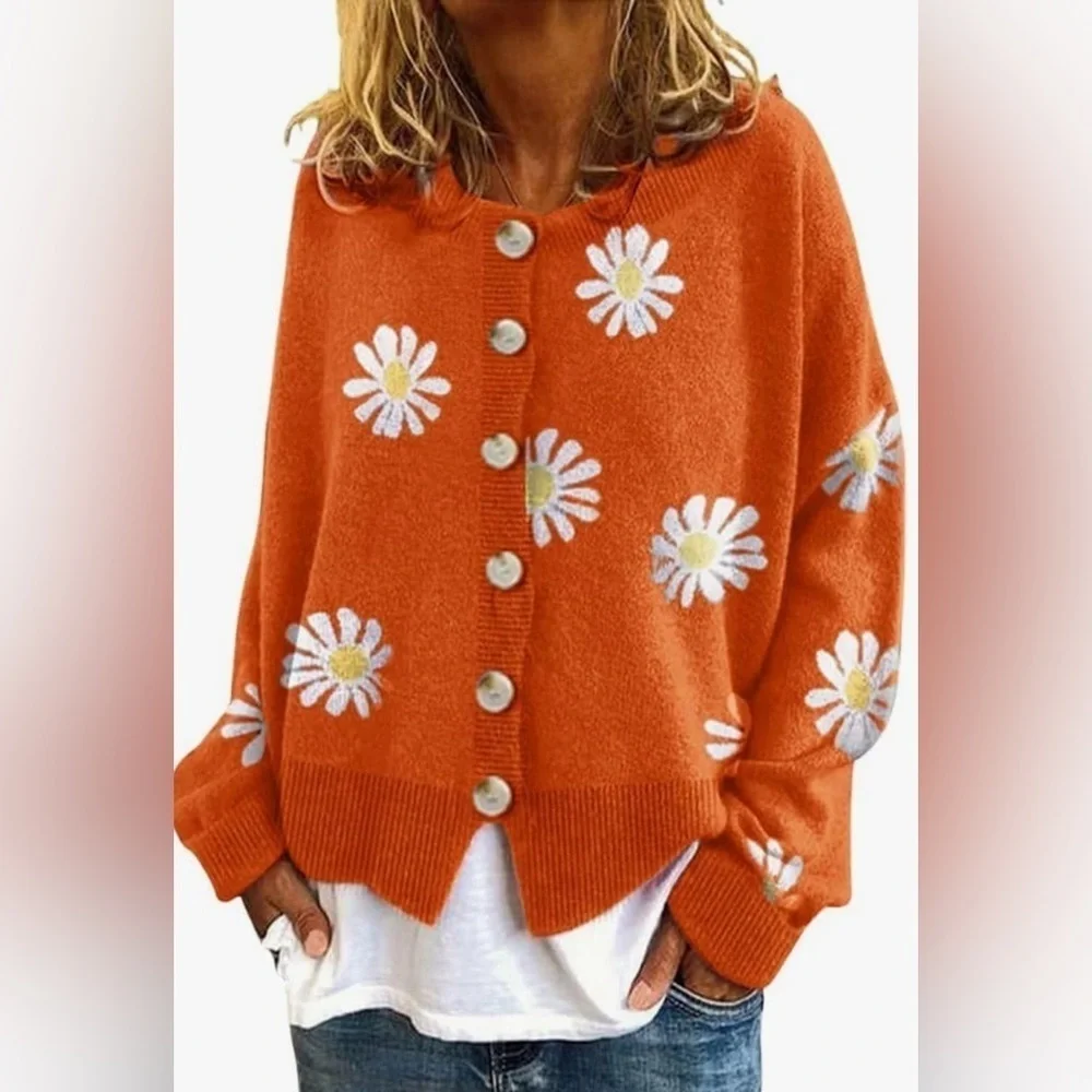 ZOCAVIA Vintage Aesthetic Cable Knit Sweater Sz.M ORANGE/WHITE DAISY PRINT